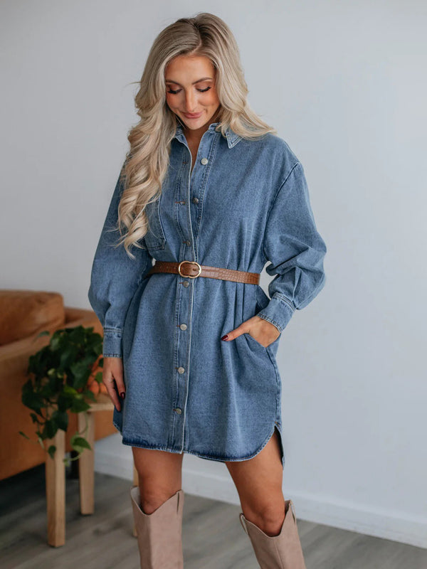 Button Up Collared Neck Long Sleeve Denim Dress.