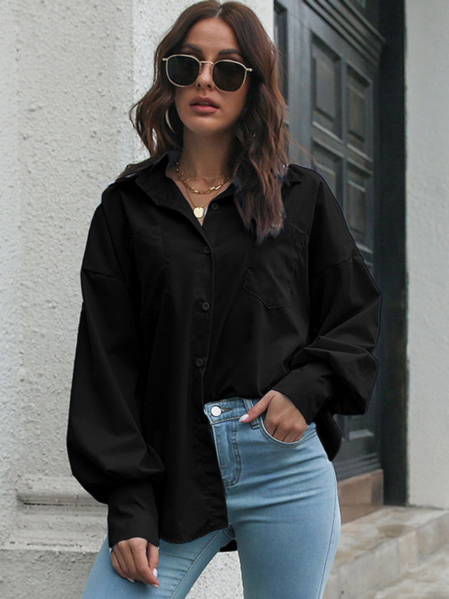 Button up dropped shoulder lantern sleeve shirt with pockets.