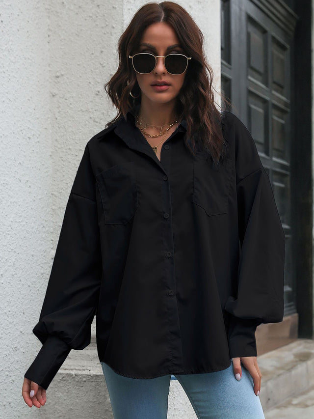 Button up dropped shoulder lantern sleeve shirt with pockets.