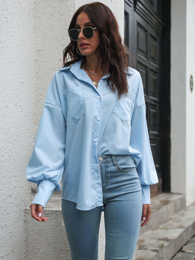 Button up dropped shoulder lantern sleeve shirt with pockets.