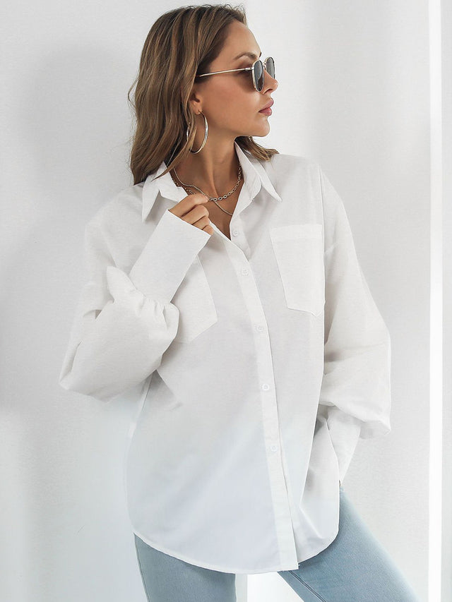Button up dropped shoulder lantern sleeve shirt with pockets.