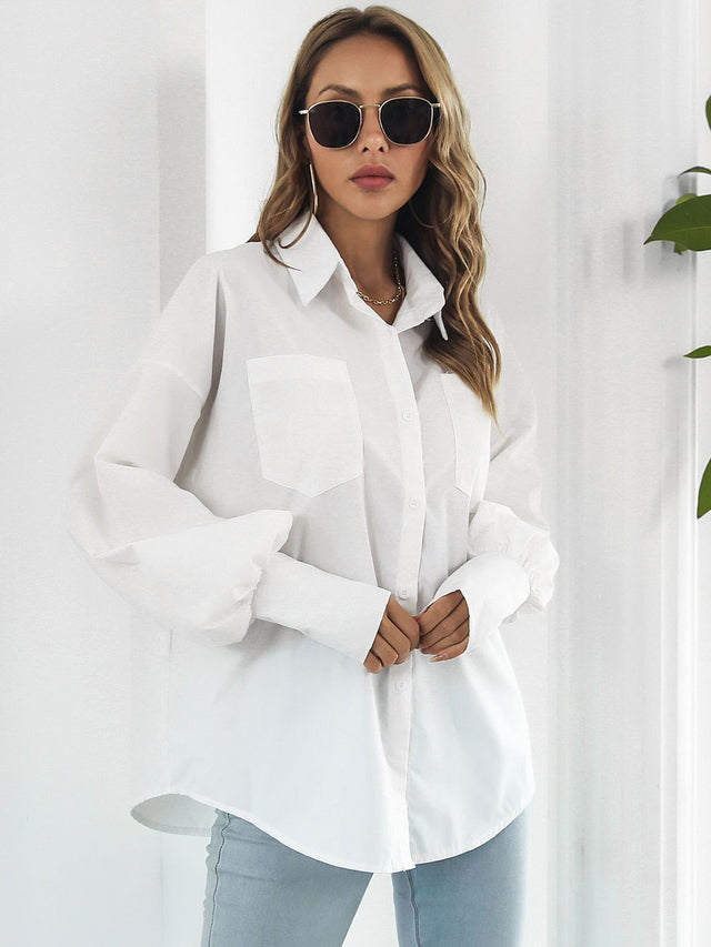 Button up dropped shoulder lantern sleeve shirt with pockets.