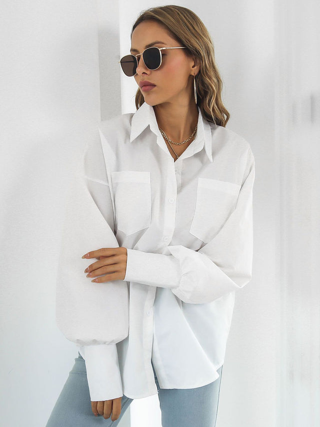 Button up dropped shoulder lantern sleeve shirt with pockets.
