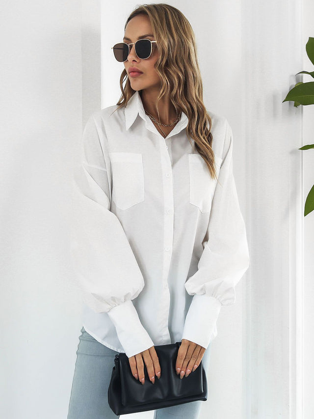 Button up dropped shoulder lantern sleeve shirt with pockets.