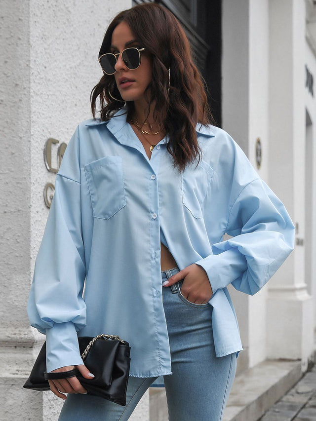 Button up dropped shoulder lantern sleeve shirt with pockets.