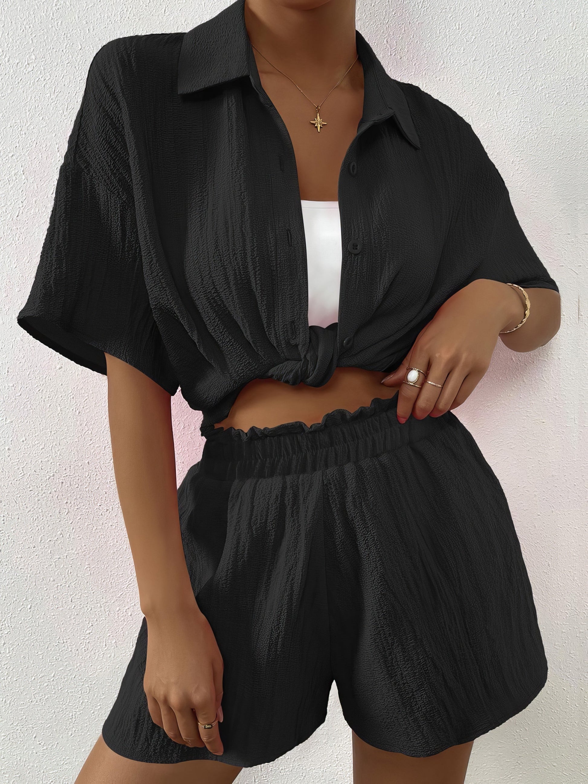 Women's button-up half-sleeve top and shorts set with pockets