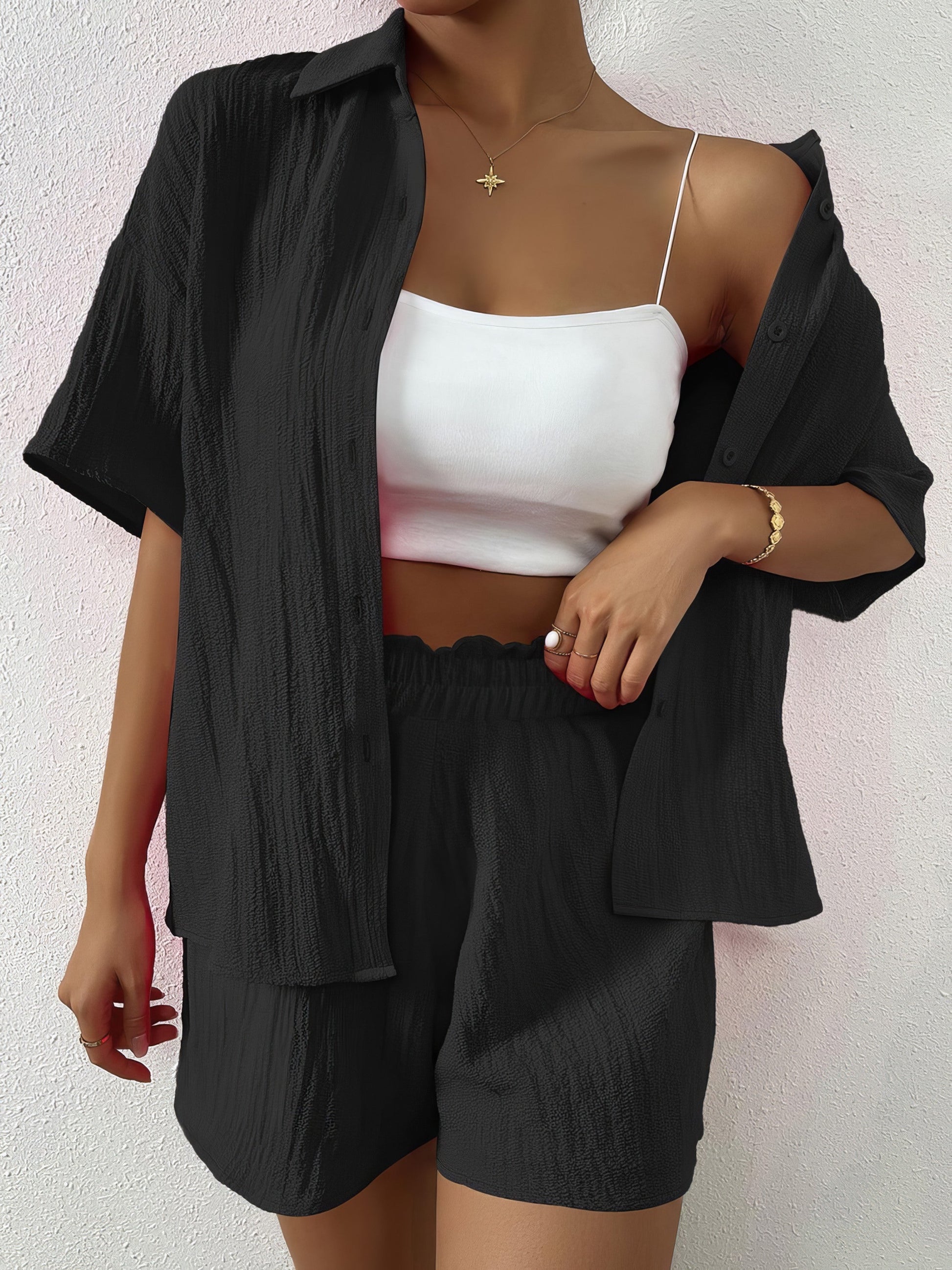 Women's button-up half-sleeve top and shorts set with pockets
