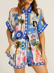 button up half sleeve top and drawstring shorts set, women's two-piece outfit, comfortable summer set, casual button-down top, elastic waist shorts, relaxed fit lounge wear, breathable fabric set