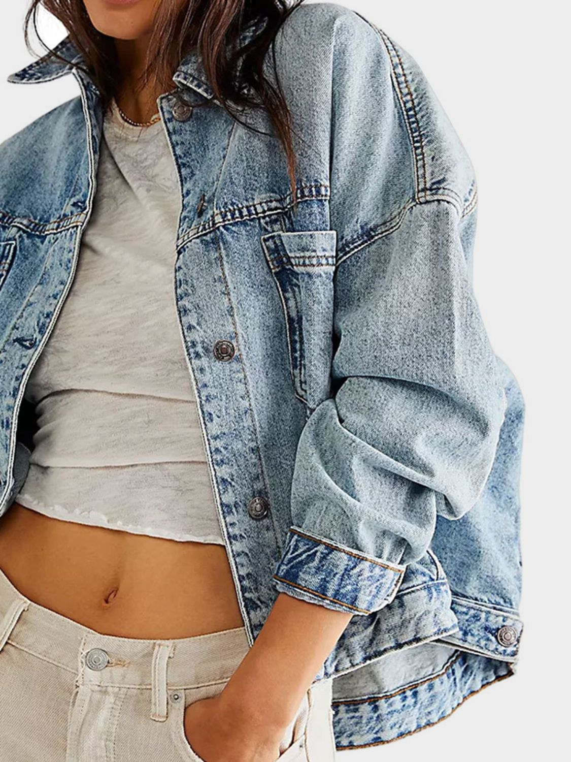 Button up long sleeve denim jacket with pockets.