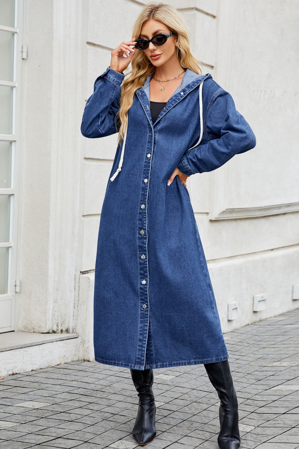 Button up long sleeve longline hooded denim outerwear.