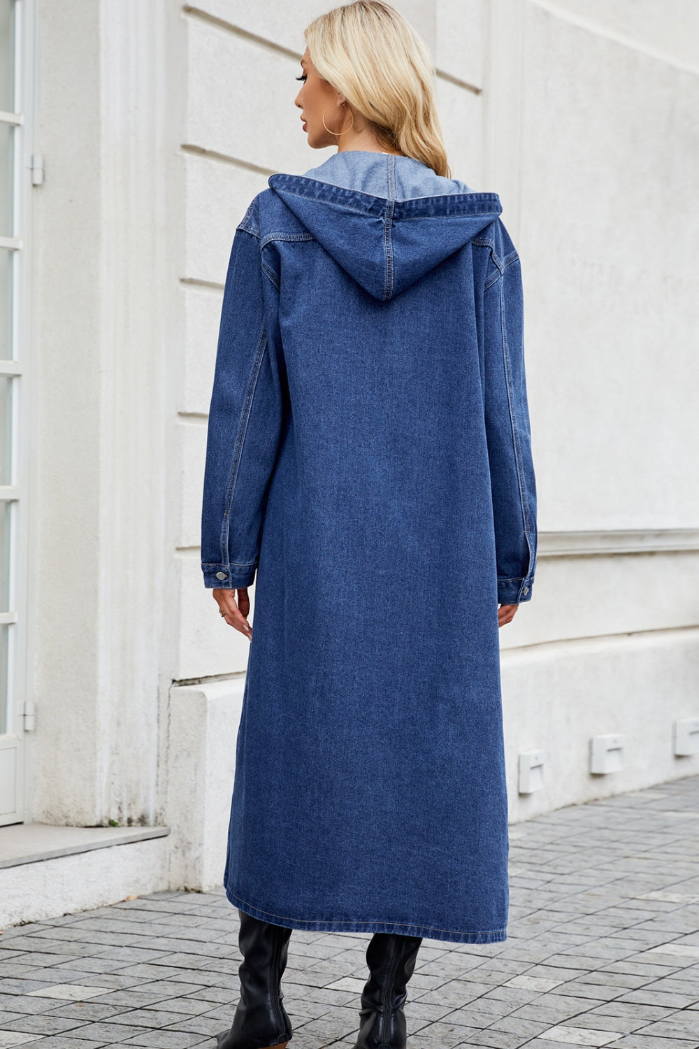 Button up long sleeve longline hooded denim outerwear.