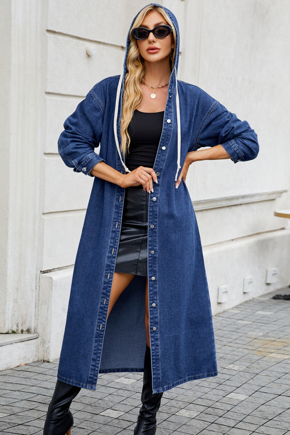 Button up long sleeve longline hooded denim outerwear.