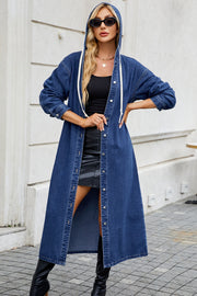 Button up long sleeve longline hooded denim outerwear.