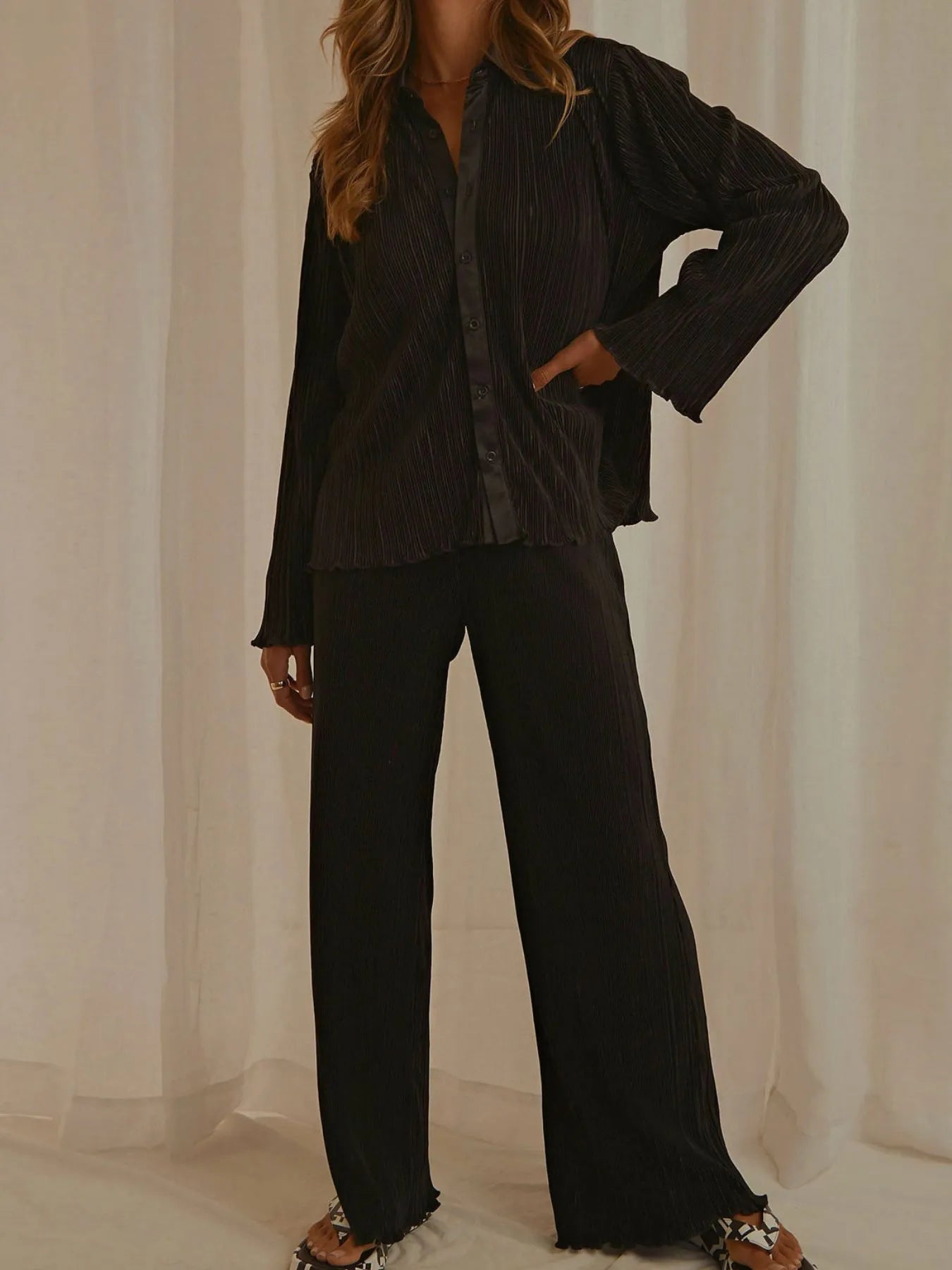 Button Up Long Sleeve Top and Pants Set.
