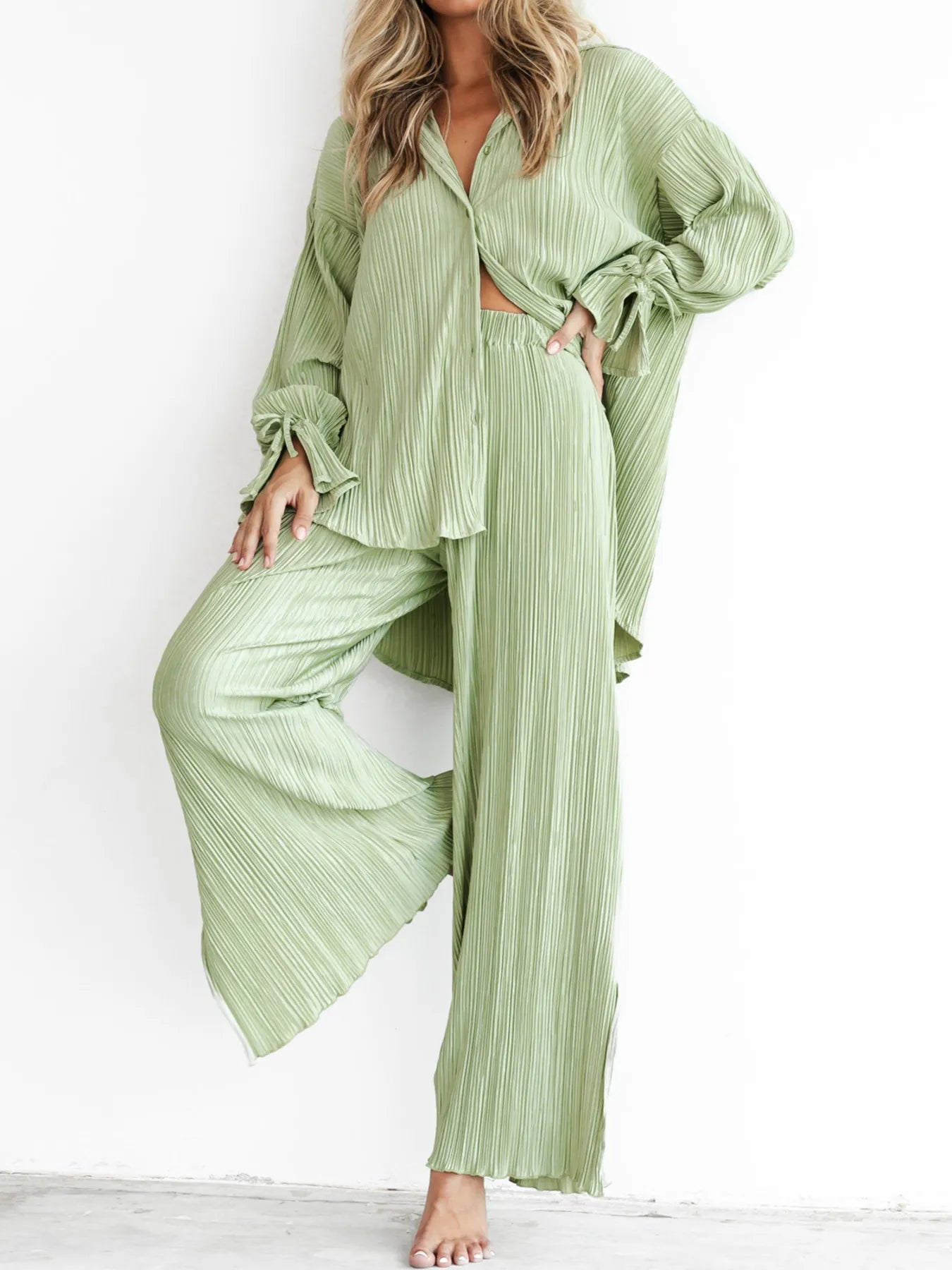 Button Up Long Sleeve Top and Pants Set.