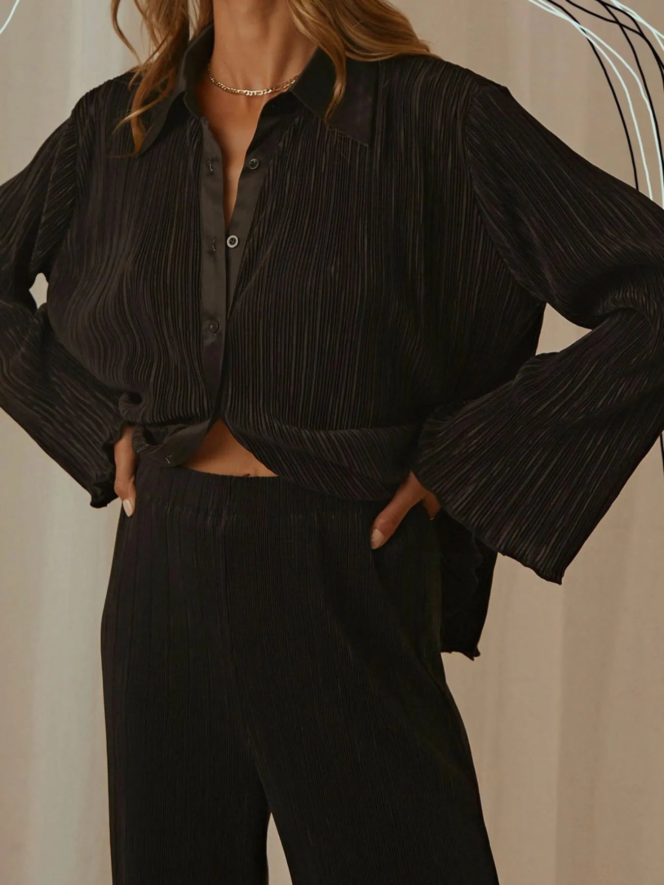 Button Up Long Sleeve Top and Pants Set.