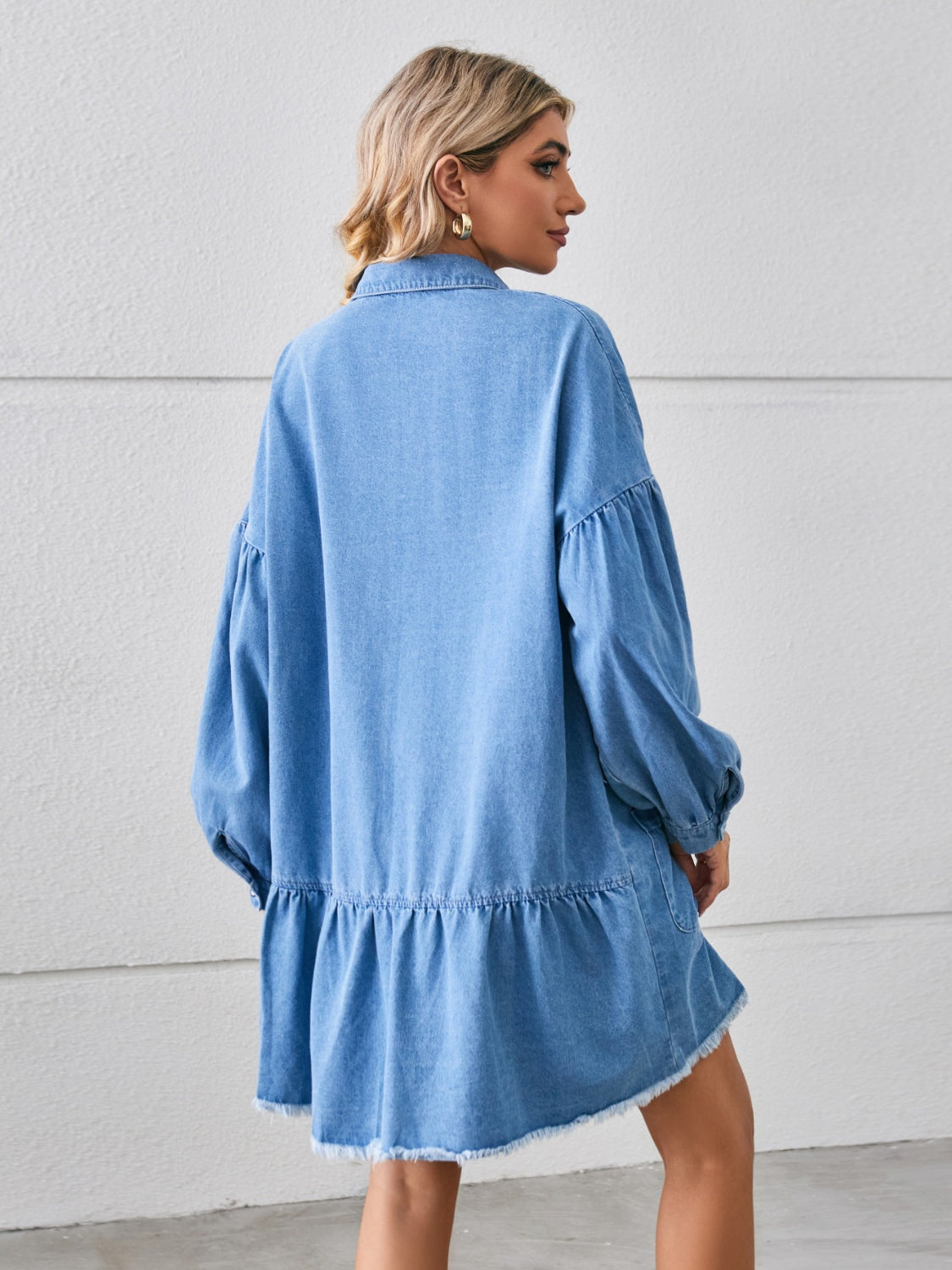 Button Up Pocketed Raw Hem Denim Dress.