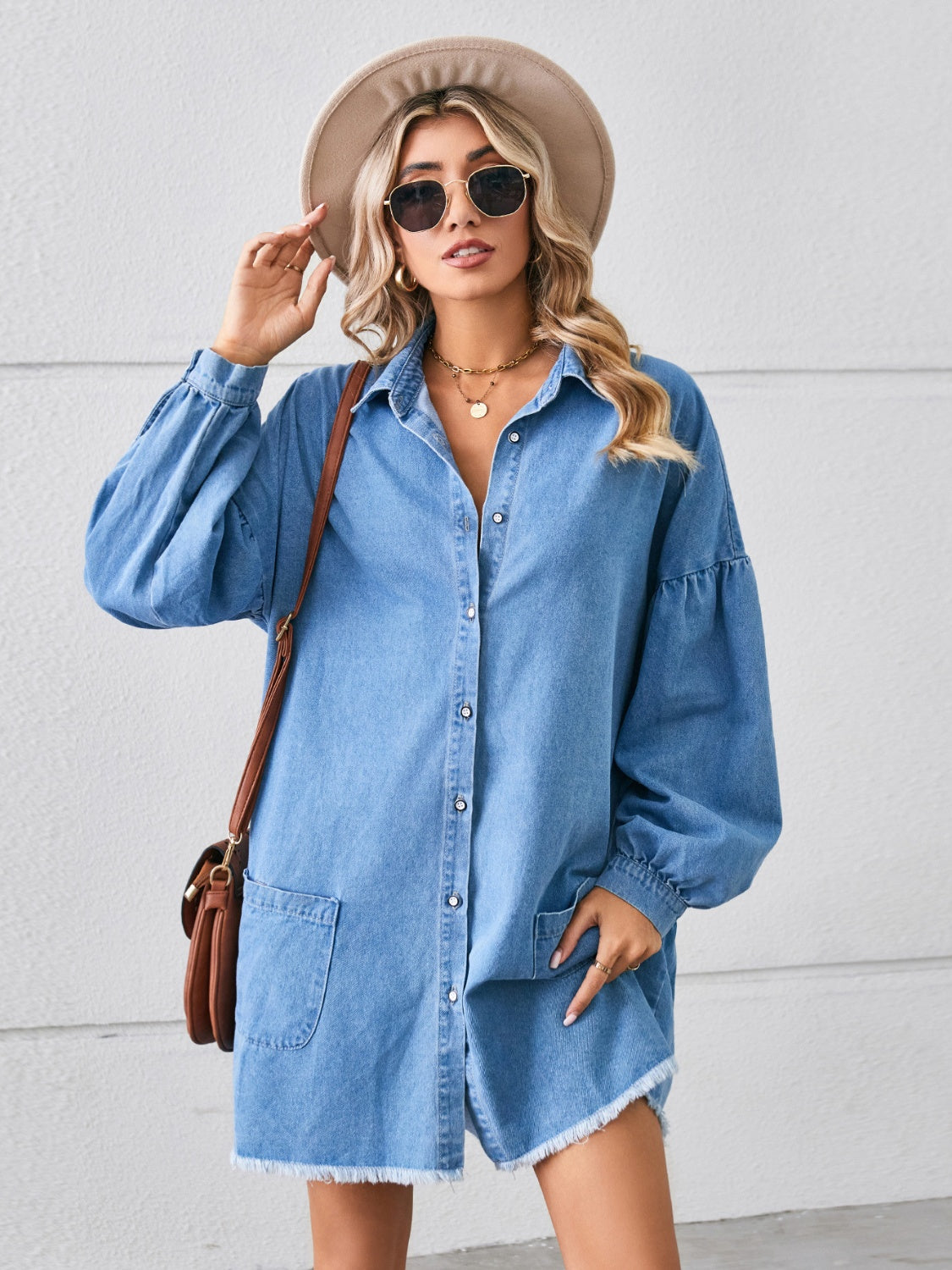 Button Up Pocketed Raw Hem Denim Dress.