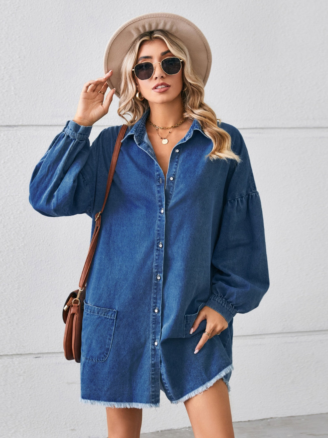 Button Up Pocketed Raw Hem Denim Dress.