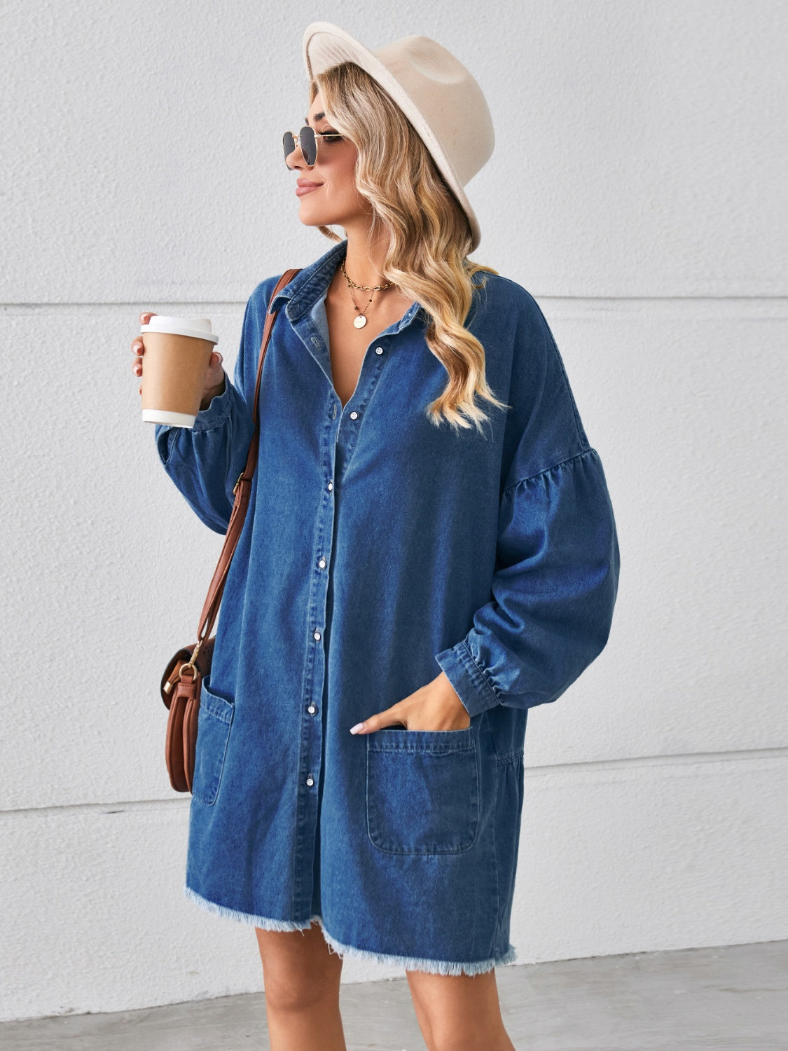 Button Up Pocketed Raw Hem Denim Dress.