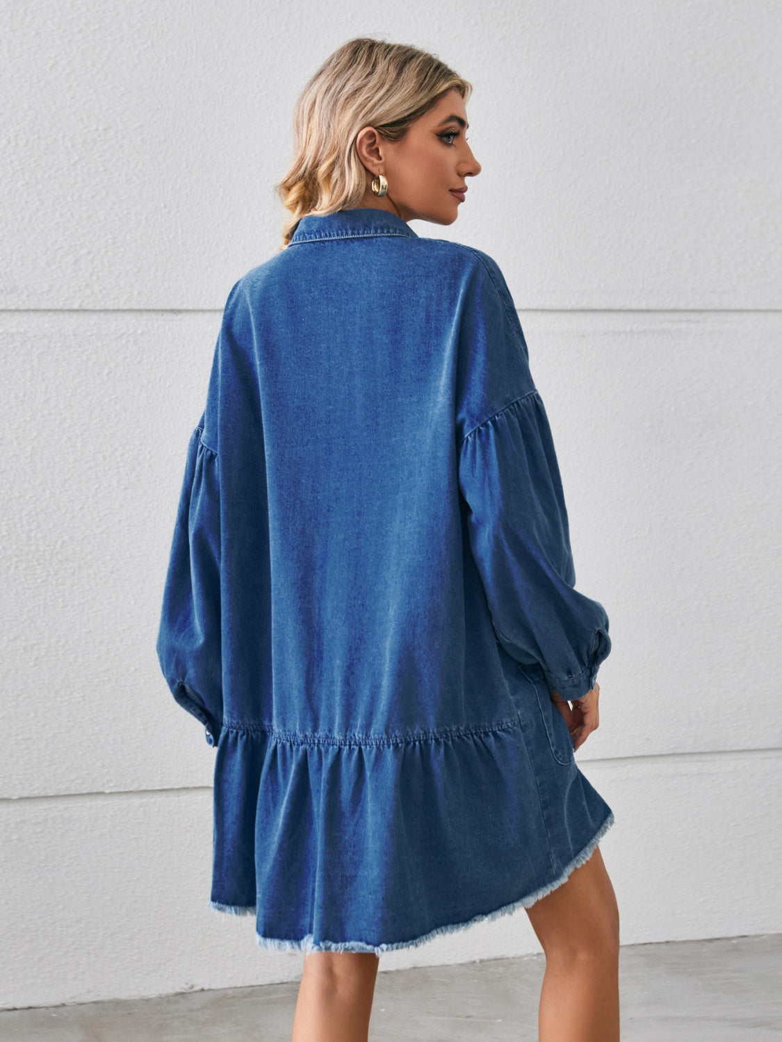 Button Up Pocketed Raw Hem Denim Dress.