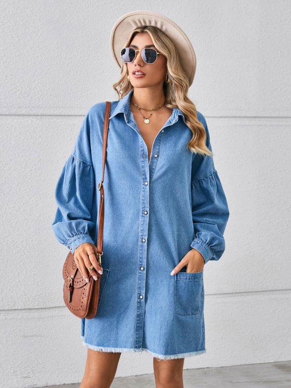 Button Up Pocketed Raw Hem Denim Dress.