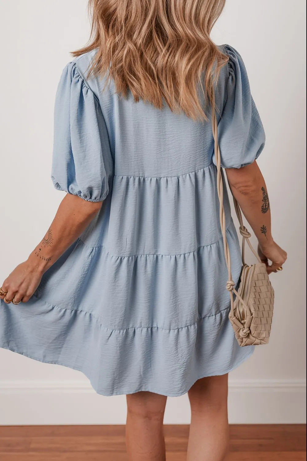 Button Up Puff Sleeve Tiered Shirt Dress.