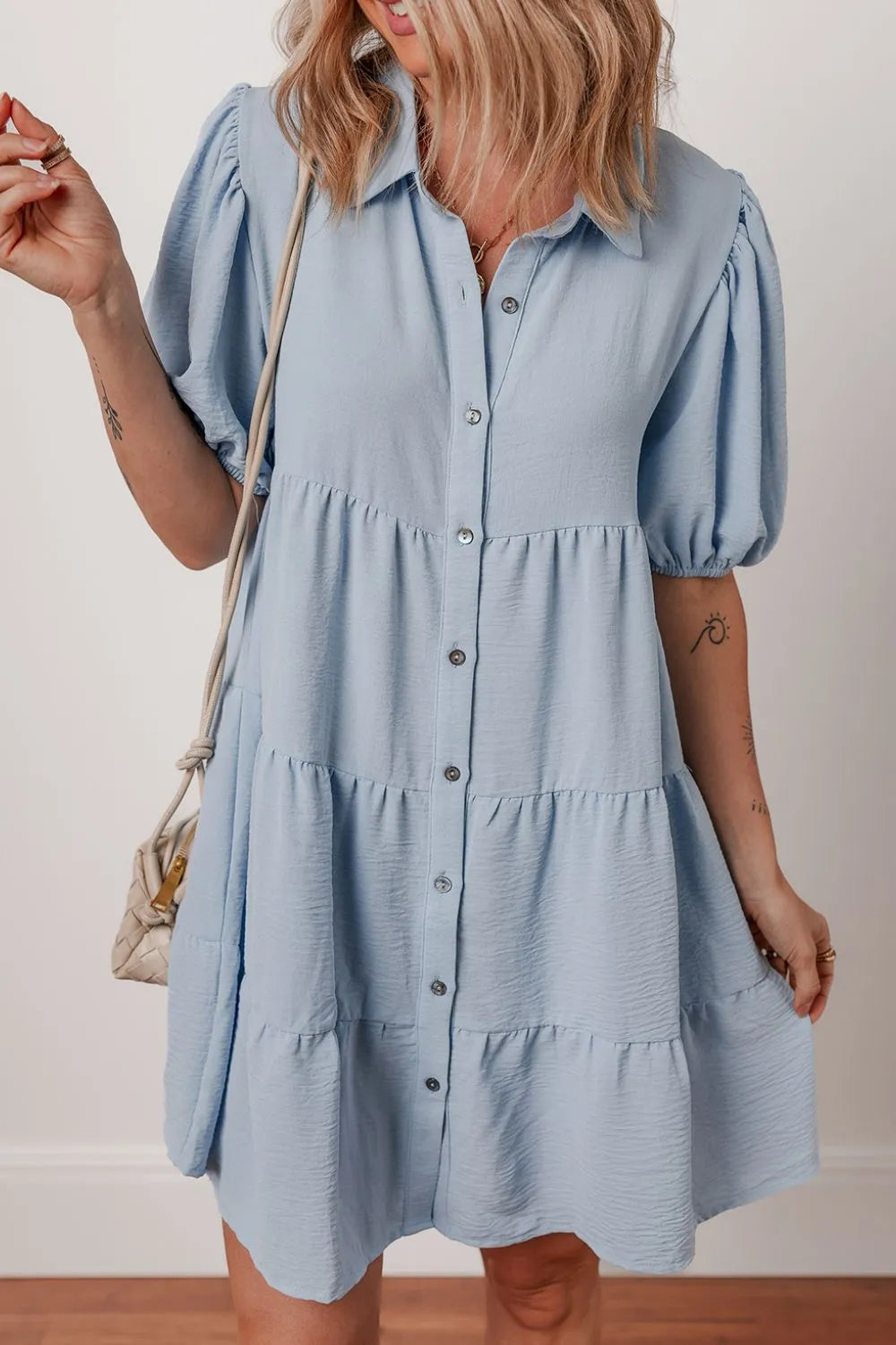 Button Up Puff Sleeve Tiered Shirt Dress.
