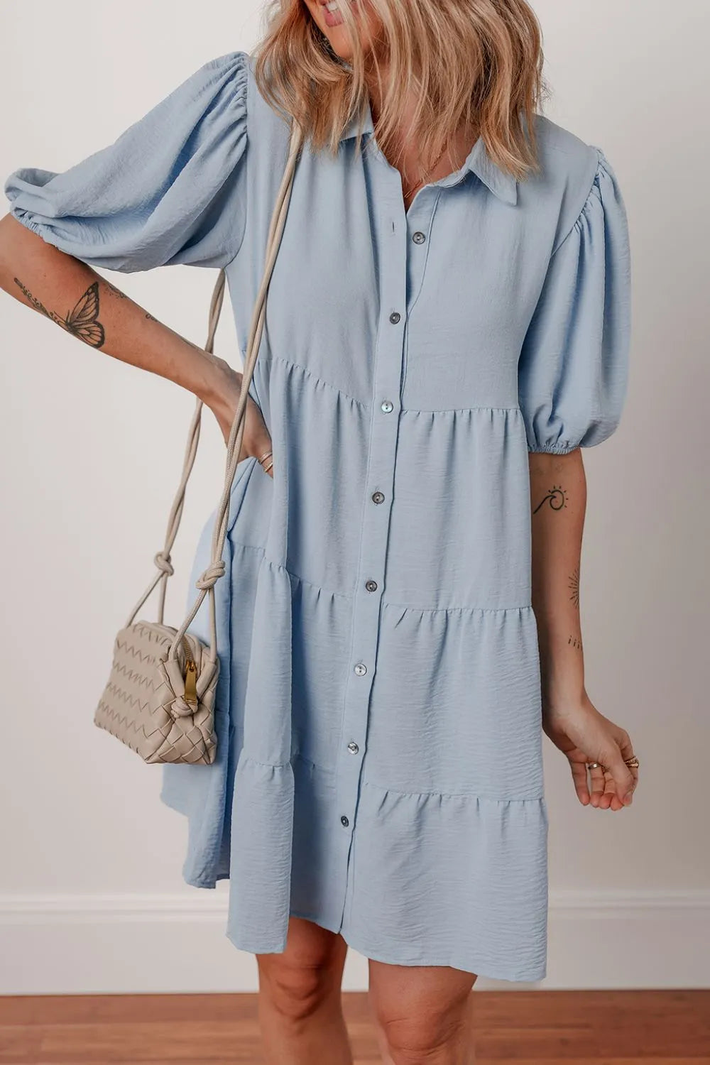 Button Up Puff Sleeve Tiered Shirt Dress.