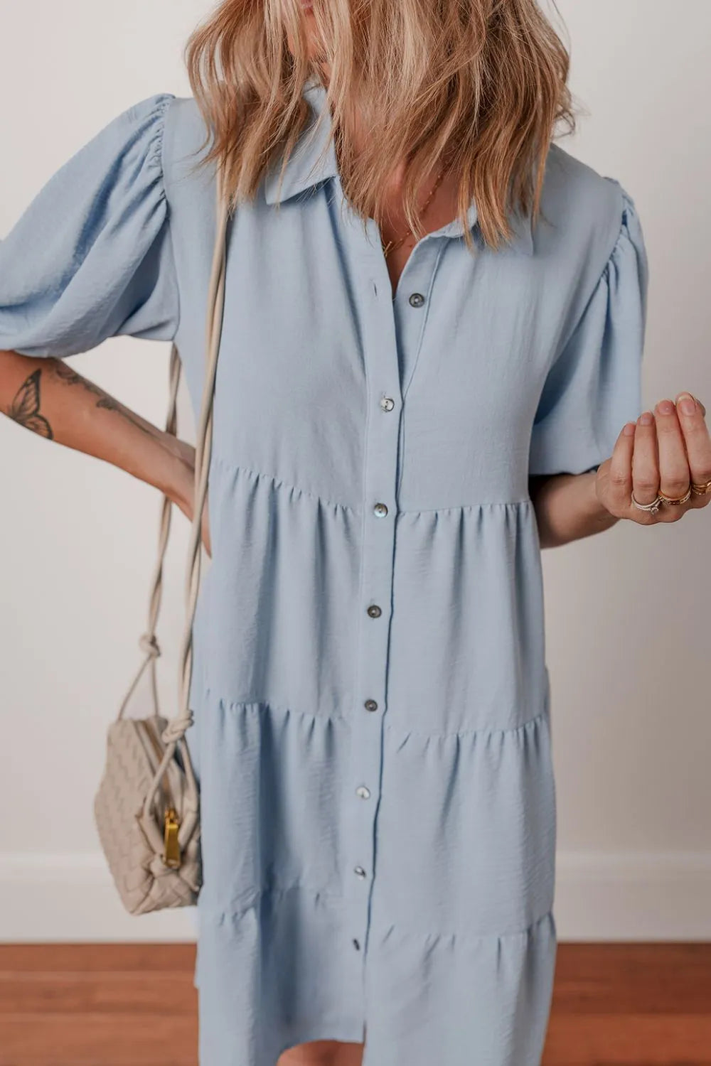 Button Up Puff Sleeve Tiered Shirt Dress.