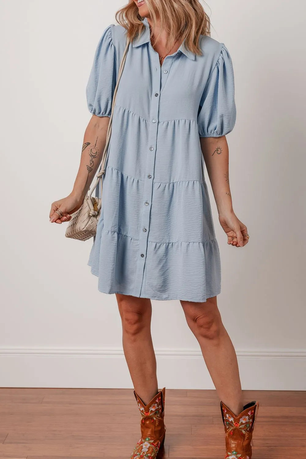 Button Up Puff Sleeve Tiered Shirt Dress.