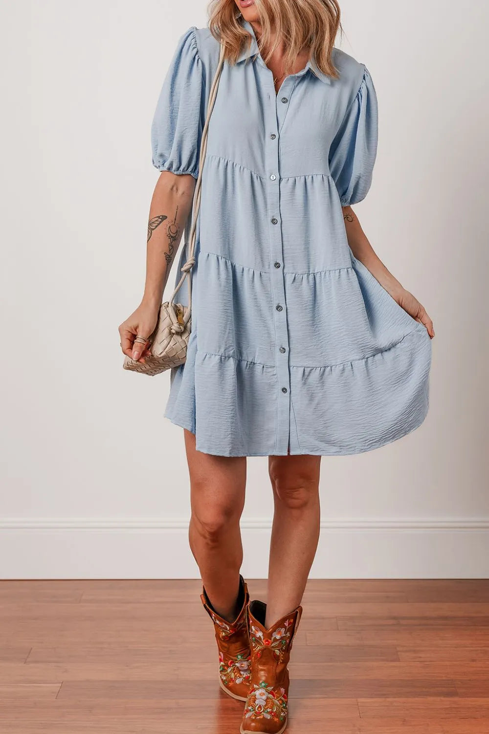 Button Up Puff Sleeve Tiered Shirt Dress.