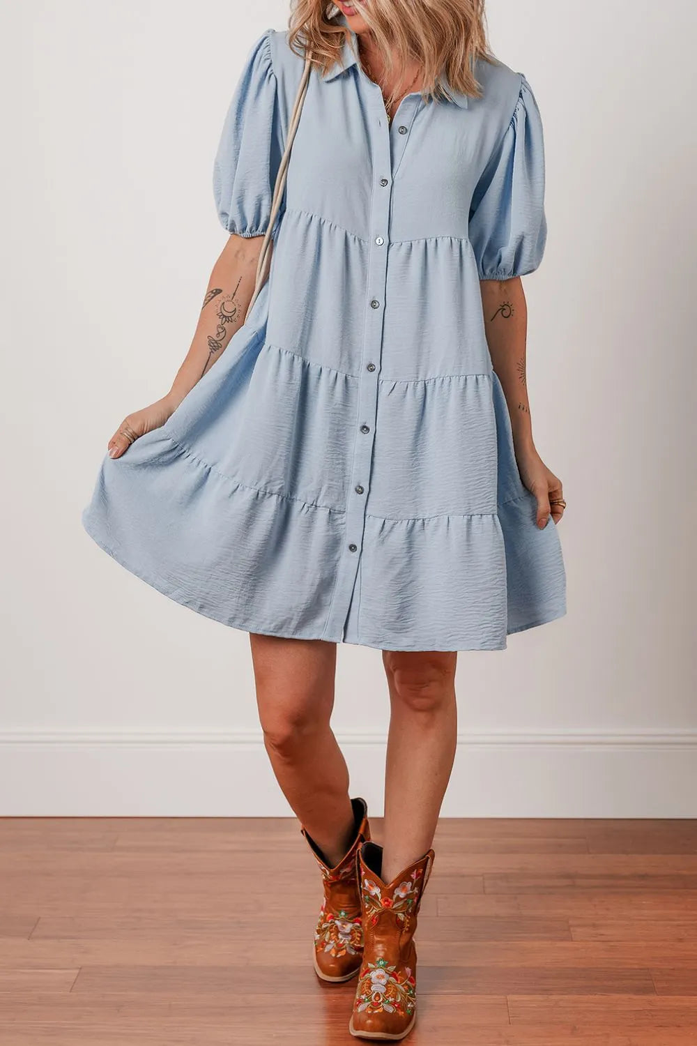 Button Up Puff Sleeve Tiered Shirt Dress.