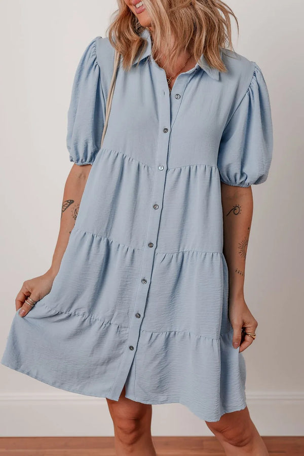 Button Up Puff Sleeve Tiered Shirt Dress.