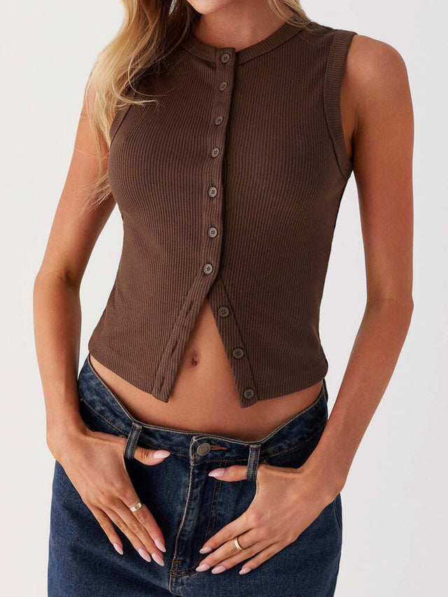 Button up round neck tank top.