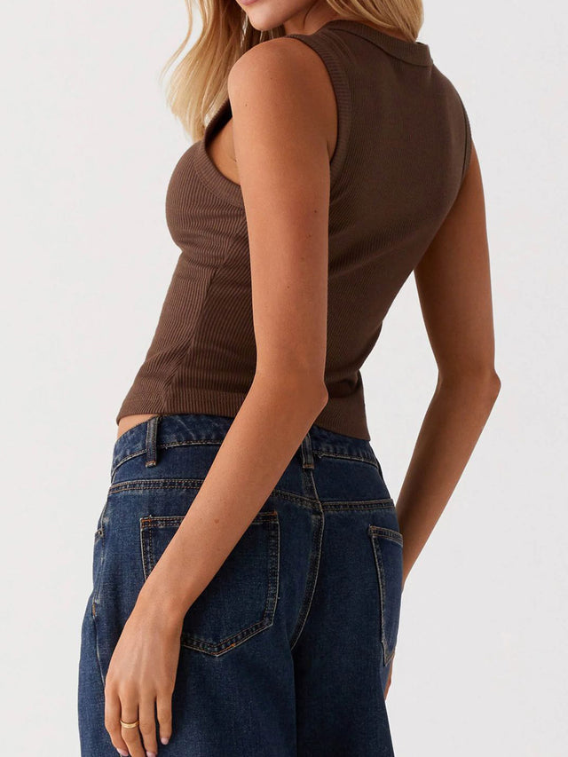 Button up round neck tank top.