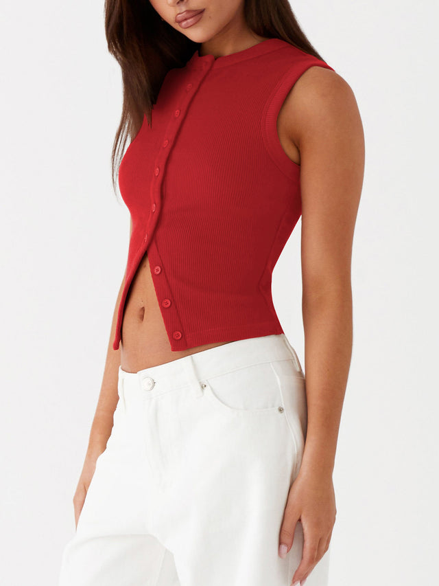Button up round neck tank top.