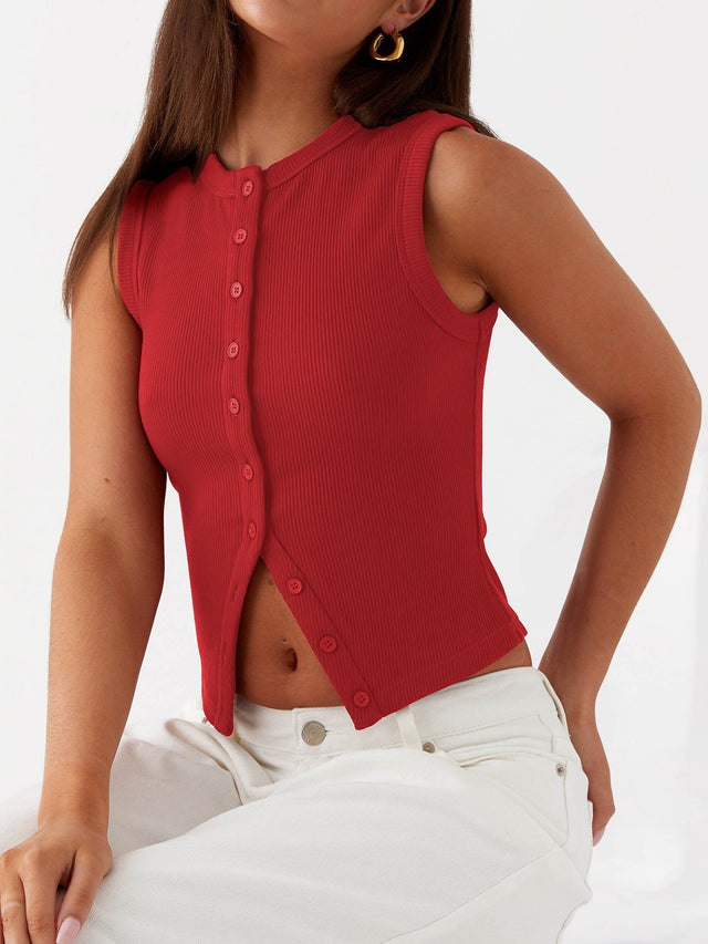 Button up round neck tank top.