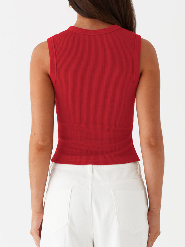 Button up round neck tank top.