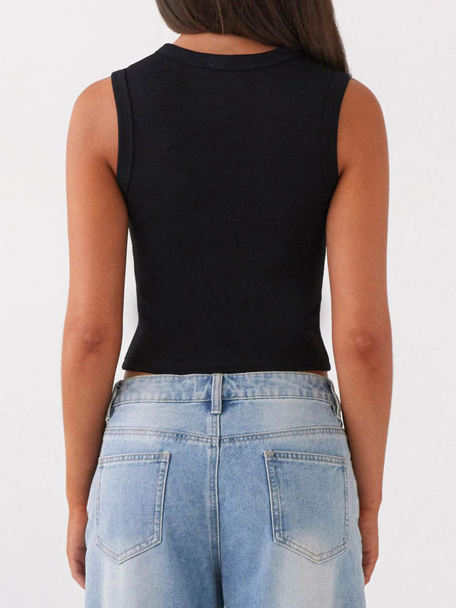 Button up round neck tank top.