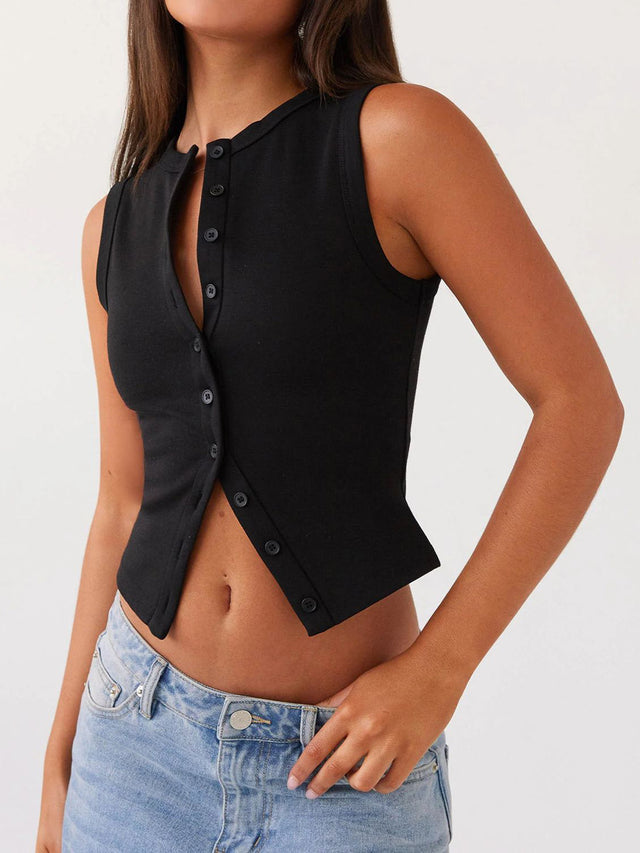 Button up round neck tank top.