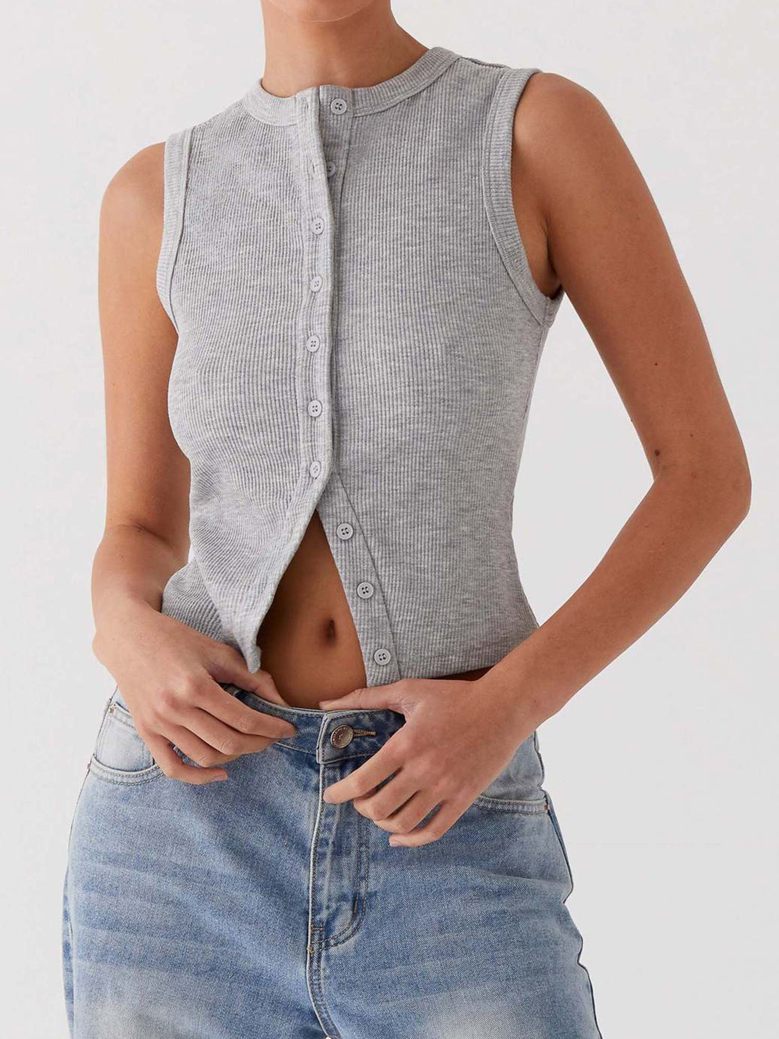 Button up round neck tank top.