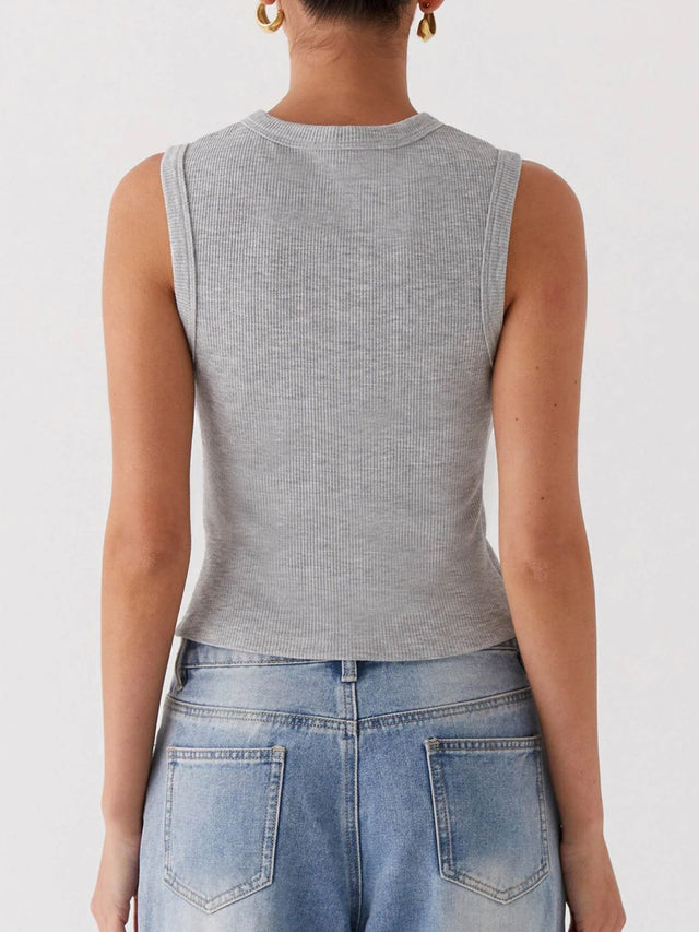 Button up round neck tank top.