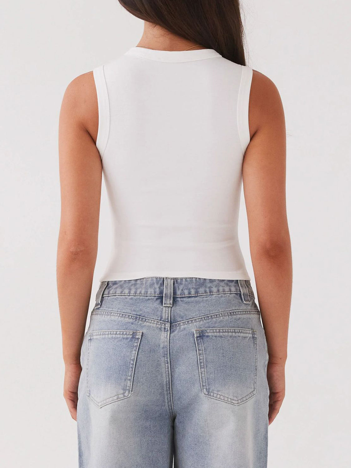 Button up round neck tank top.