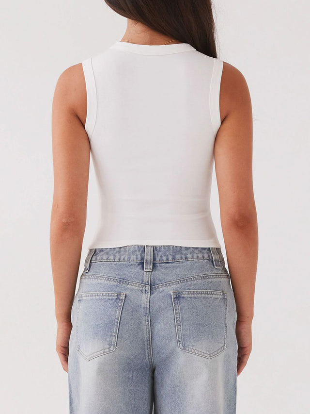 Button up round neck tank top.