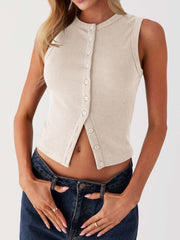 Button up round neck tank top.