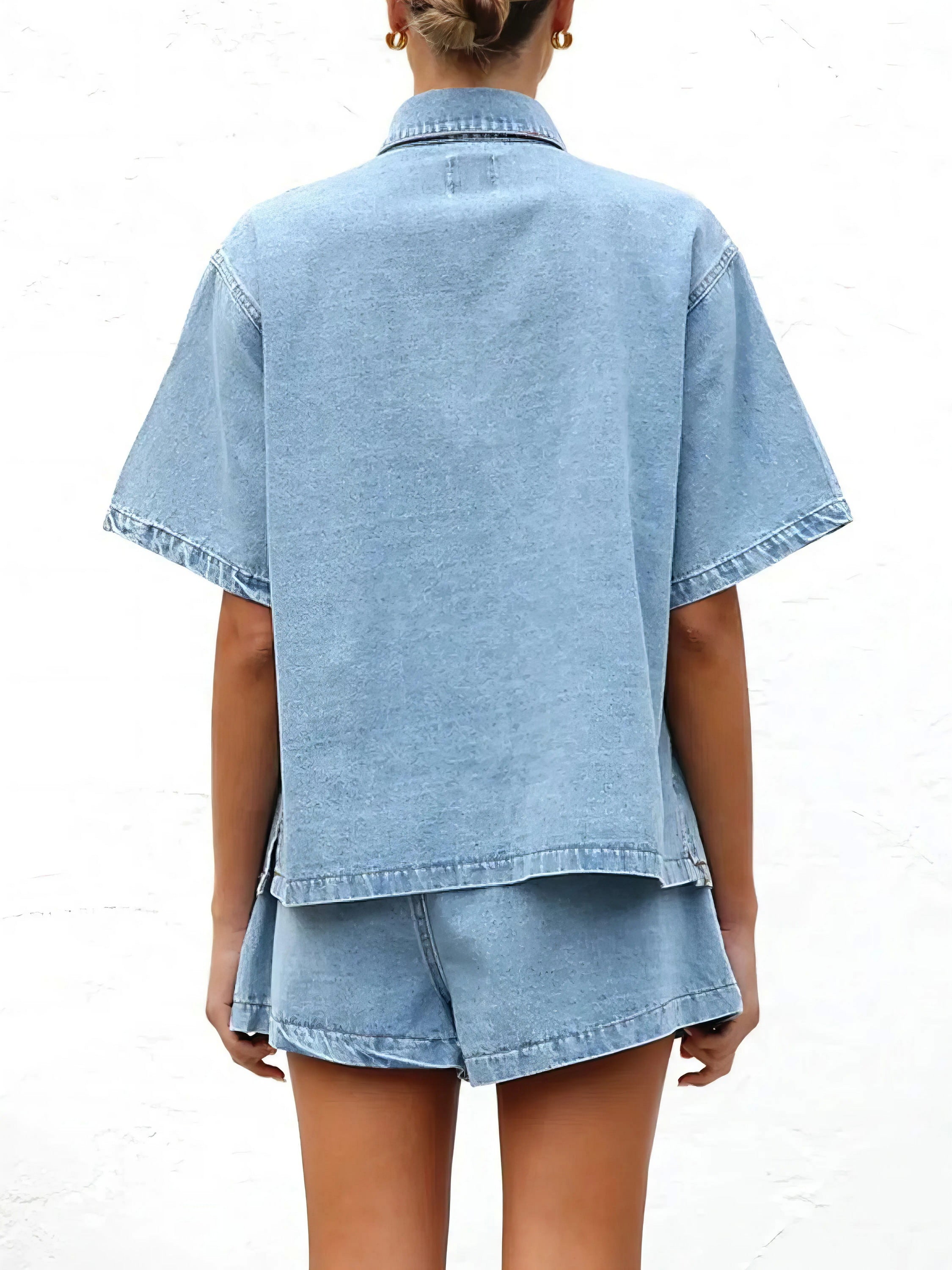 Button up short sleeve top and shorts denim set, women's casual denim outfit, comfortable two-piece set, buttoned top, denim shorts, practical pockets, non-stretch cotton blend, stylish summer wear, easy everyday ensemble