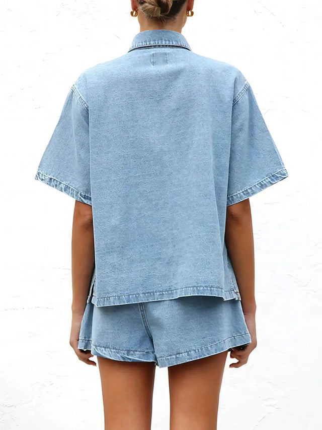 Button up short sleeve top and shorts denim set, women's casual denim outfit, comfortable two-piece set, buttoned top, denim shorts, practical pockets, non-stretch cotton blend, stylish summer wear, easy everyday ensemble