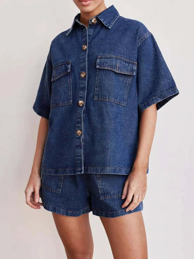 Button up short sleeve top and shorts denim set, women's casual denim outfit, comfortable two-piece set, buttoned top, denim shorts, practical pockets, non-stretch cotton blend, stylish summer wear, easy everyday ensemble