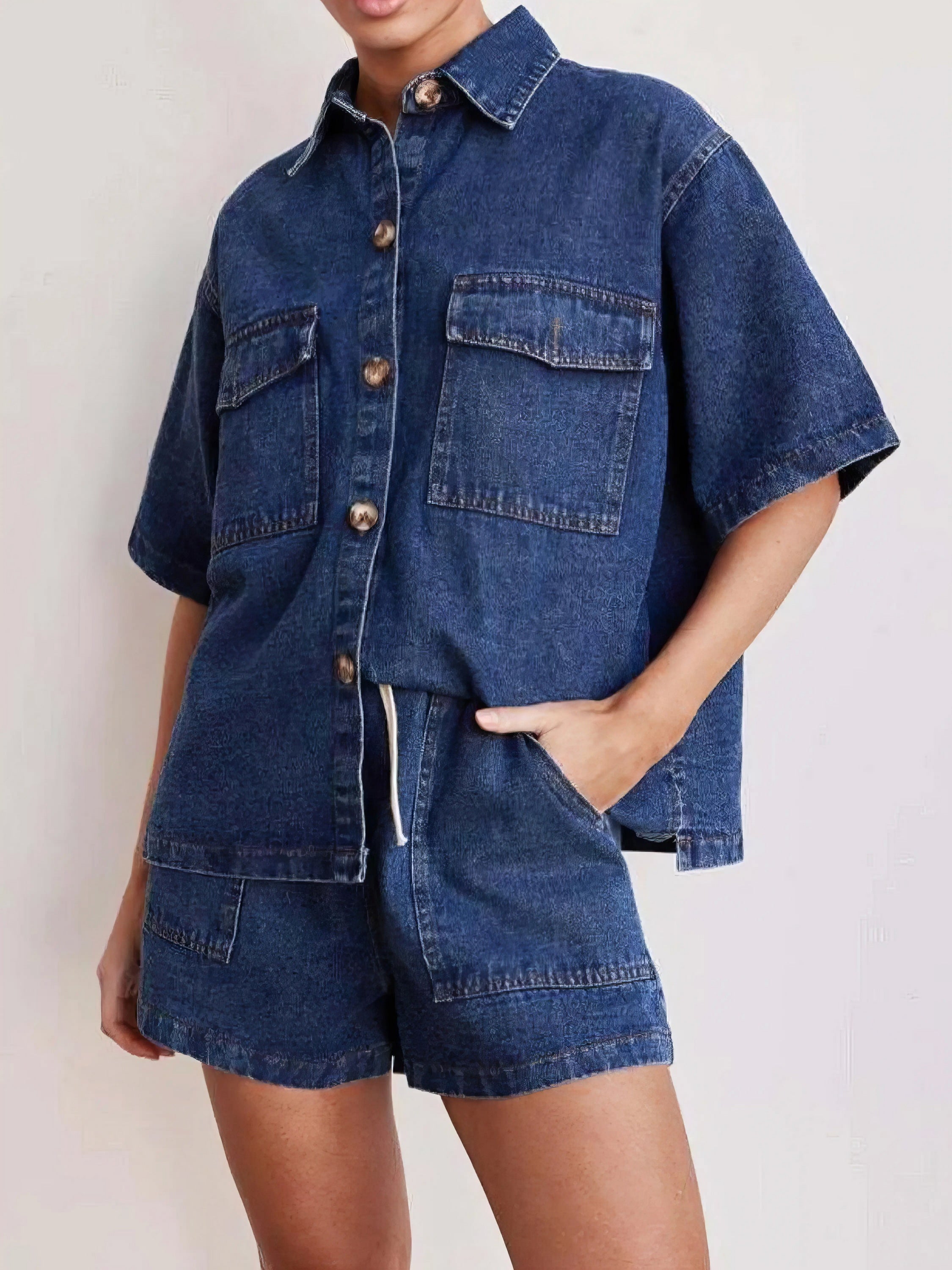 Button up short sleeve top and shorts denim set, women's casual denim outfit, comfortable two-piece set, buttoned top, denim shorts, practical pockets, non-stretch cotton blend, stylish summer wear, easy everyday ensemble